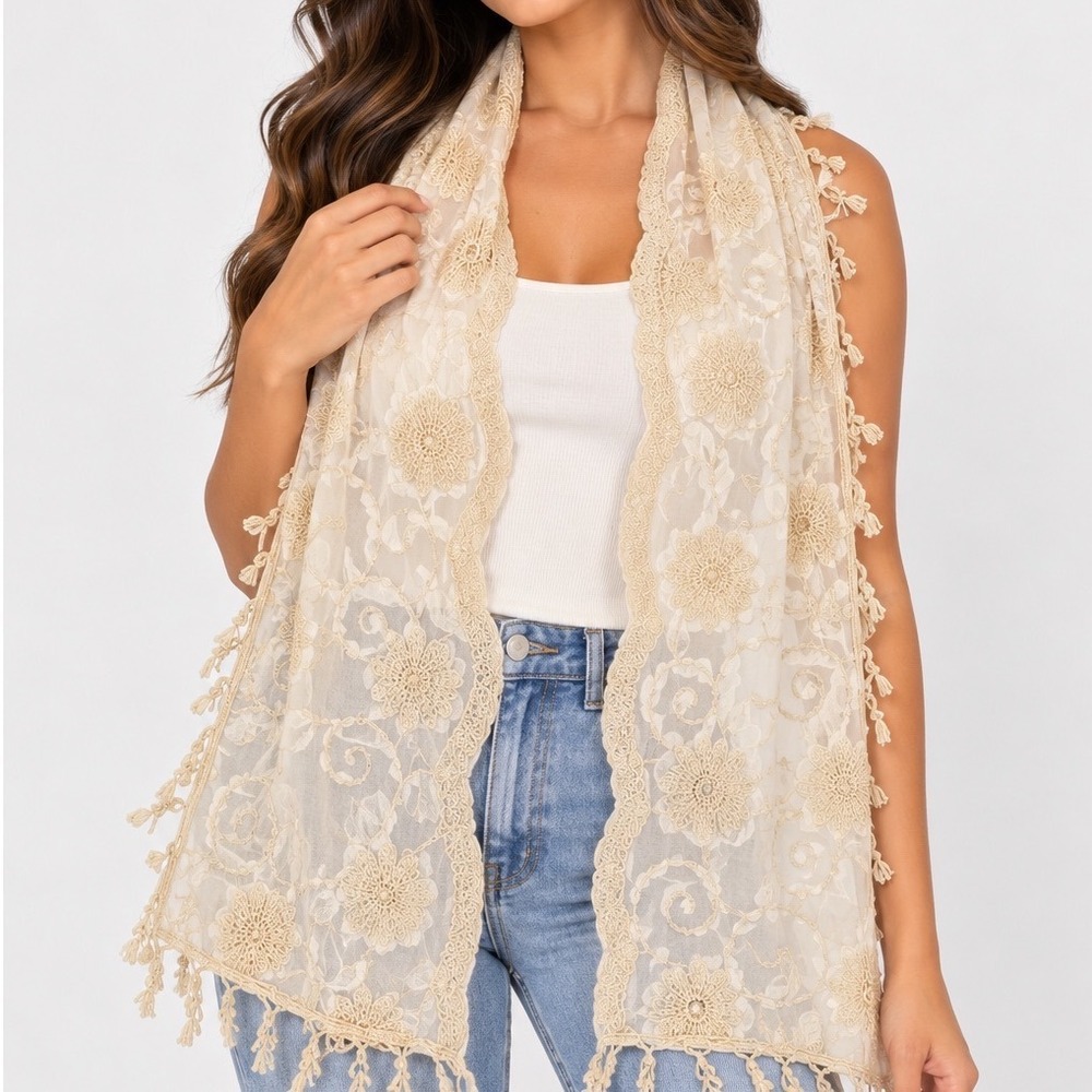 Veond Cream Floral Lace Scarf Embroidered Viscose Leaf Tassel Fringe Wrap 10x46"